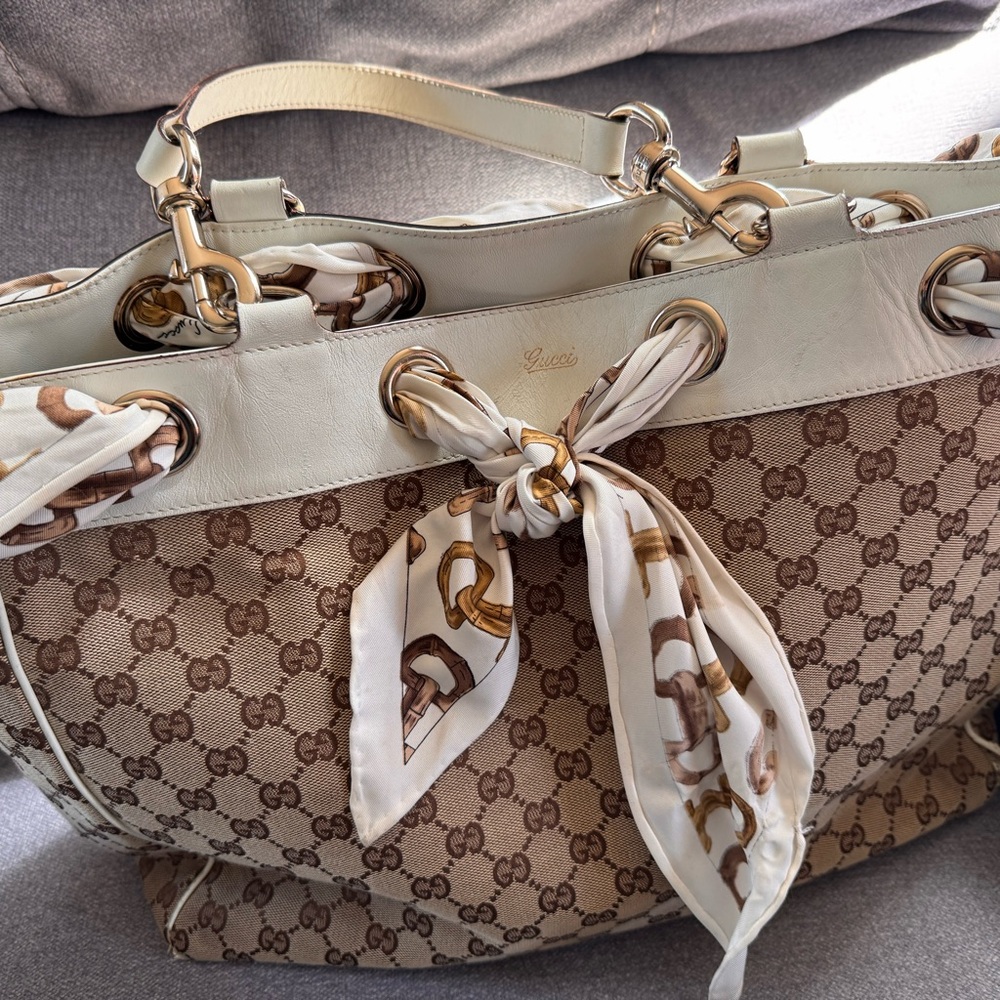 Gucci Beige Monogram Satchel with Silk Scarf Detail - Picture 2 of 8